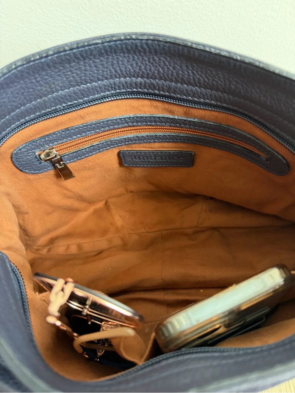 Sundance Genuine Leather & Suede Hobo Bag — Navy/Cognac Made In Italy